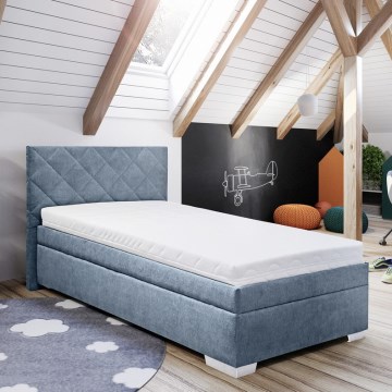Lit tapissé LANA 90x200 cm avec coffre de rangement et matelas, bleu