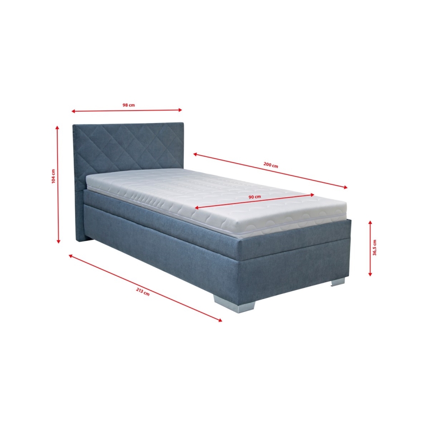 Lit tapissé LANA 90x200 cm avec coffre de rangement et matelas, bleu