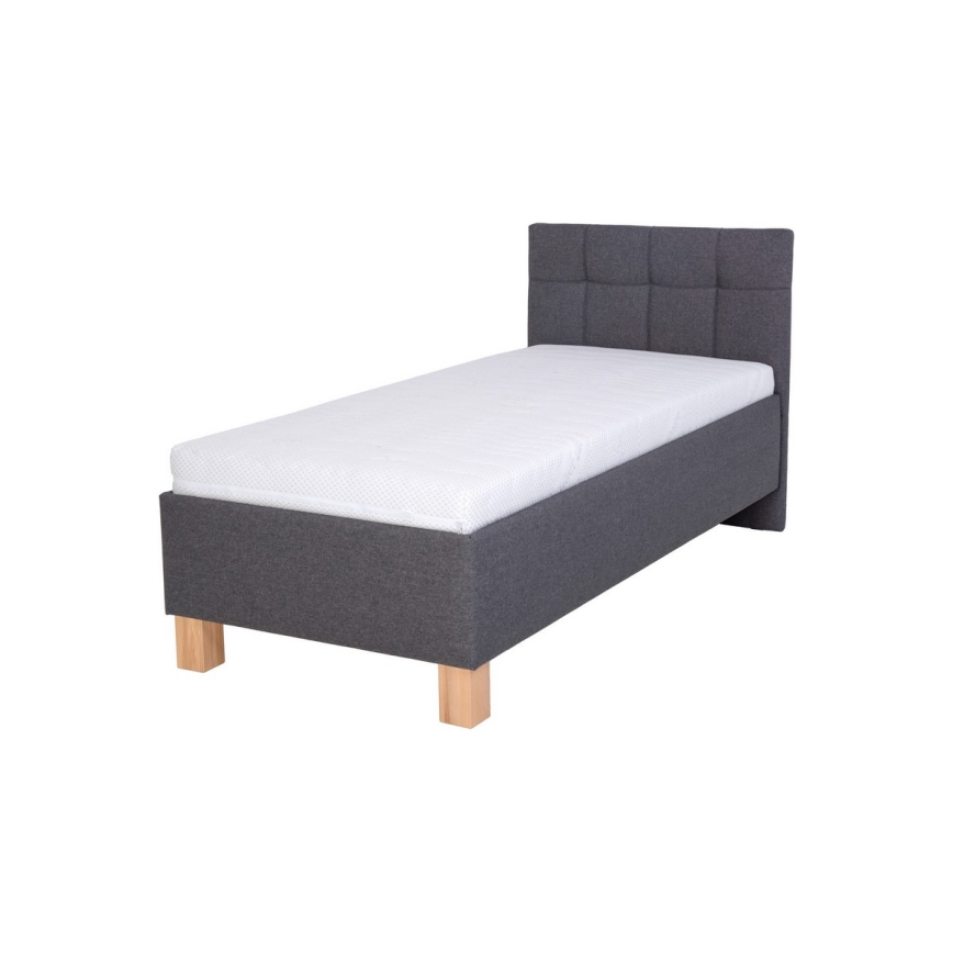 Lit tapissé MARIA ONE 90x200 cm avec matelas et coffre de rangement, gris