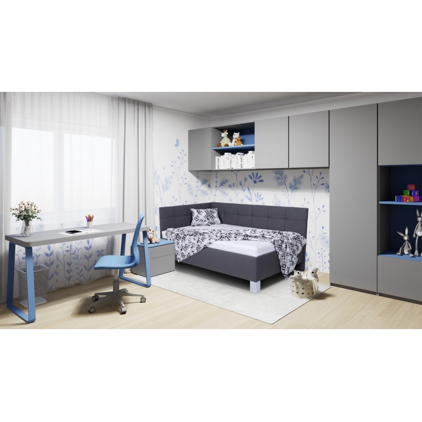 Lit tapissé MARIA PETITE 120x200 cm, matelas inclus et coffre de rangement intégré, gris
