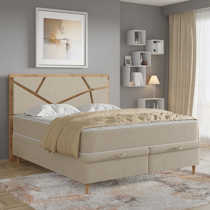 Lit tapissé NAOMI 140 x 200 cm beige avec matelas et coffre de rangement inclus