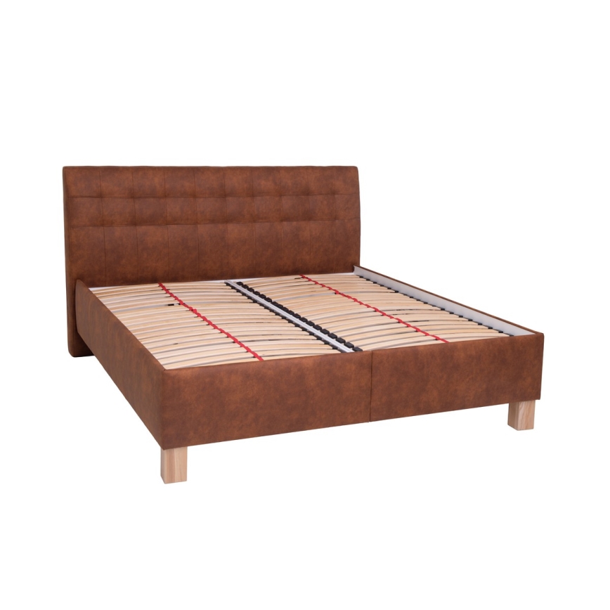 Lit tapissé VIOLET 160x200 cm avec matelas et coffre de rangement, coloris cognac