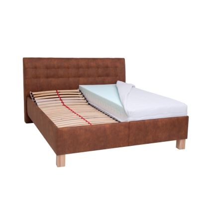 Lit tapissé VIOLET 160x200 cm avec matelas et coffre de rangement, coloris cognac