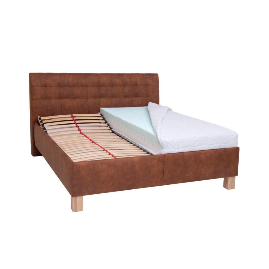 Lit tapissé VIOLET 160x200 cm avec matelas et coffre de rangement, coloris cognac