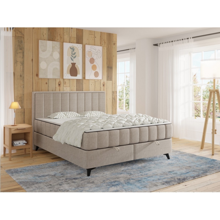 Lit double rembourré avec matelas et surmatelas, avec espace de rangement ALICIA 140x200 cm beige