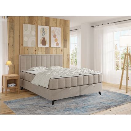 Lit double rembourré avec matelas et surmatelas, espace de rangement ALICIA 180x200 cm beige