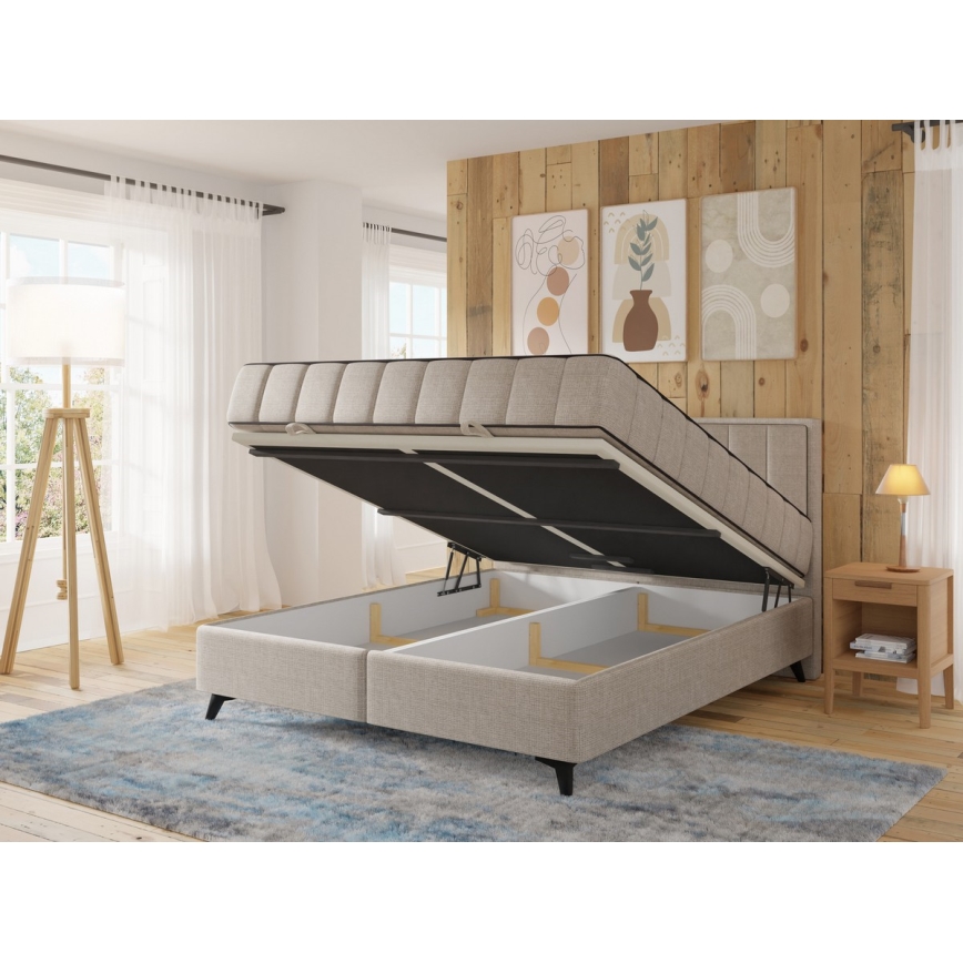 Lit double rembourré avec matelas et surmatelas, espace de rangement ALICIA 180x200 cm beige
