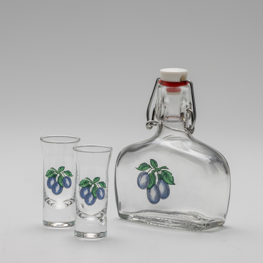 LOT 1 bouteille en verre et 2 verres à shots transparents avec un motif de prune