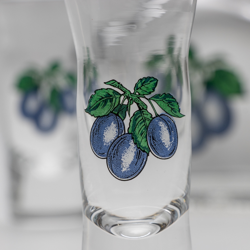 LOT 1 bouteille en verre et 2 verres à shots transparents avec un motif de prune