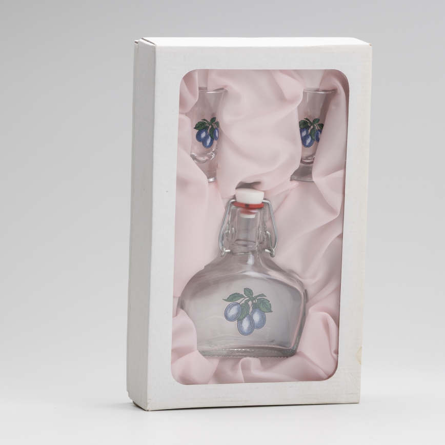 LOT 1 bouteille en verre et 2 verres à shots transparents avec un motif de prune