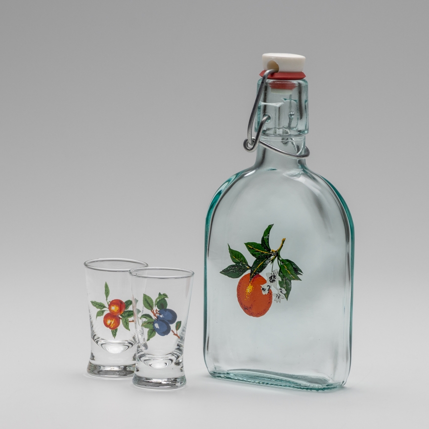 LOT 1 bouteille en verre et 2 verres pour les shots transparents avec un motif d'abricot