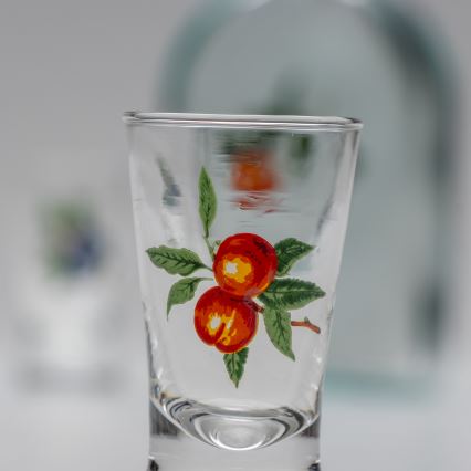 LOT 1 bouteille en verre et 2 verres pour les shots transparents avec un motif d'abricot