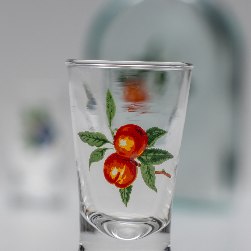 LOT 1 bouteille en verre et 2 verres pour les shots transparents avec un motif d'abricot