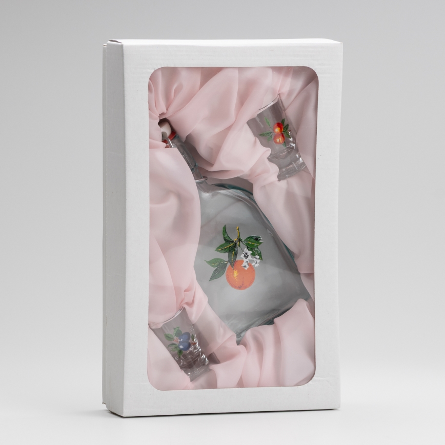 LOT 1 bouteille en verre et 2 verres pour les shots transparents avec un motif d'abricot