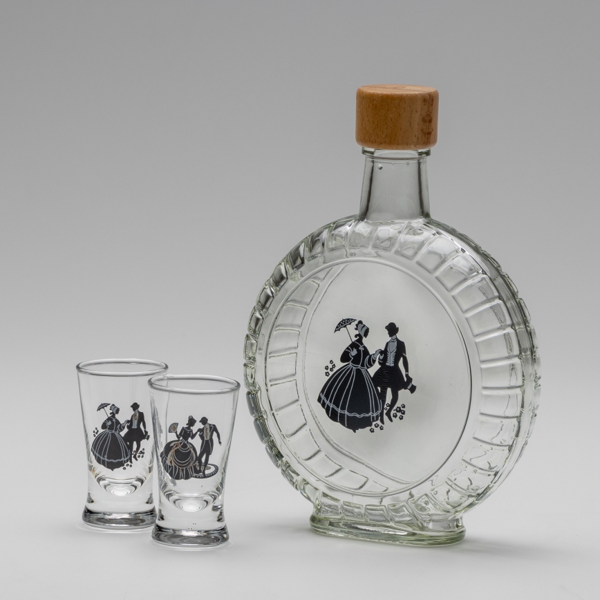 Lot 1x bouteille en verre et 2x verre à shot transparent avec un motif de danse