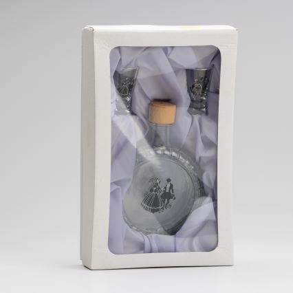 Lot 1x bouteille en verre et 2x verre à shot transparent avec un motif de danse