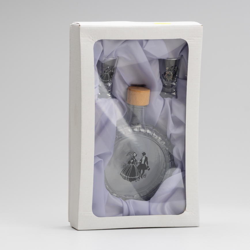 Lot 1x bouteille en verre et 2x verre à shot transparent avec un motif de danse