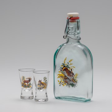 Lot 1x bouteille en verre et 2x verre à shot transparent avec un motif de lièvre