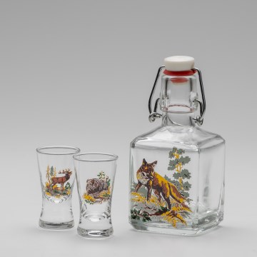 Lot 1x bouteille en verre et 2x verre à shot transparent avec un motif de renard