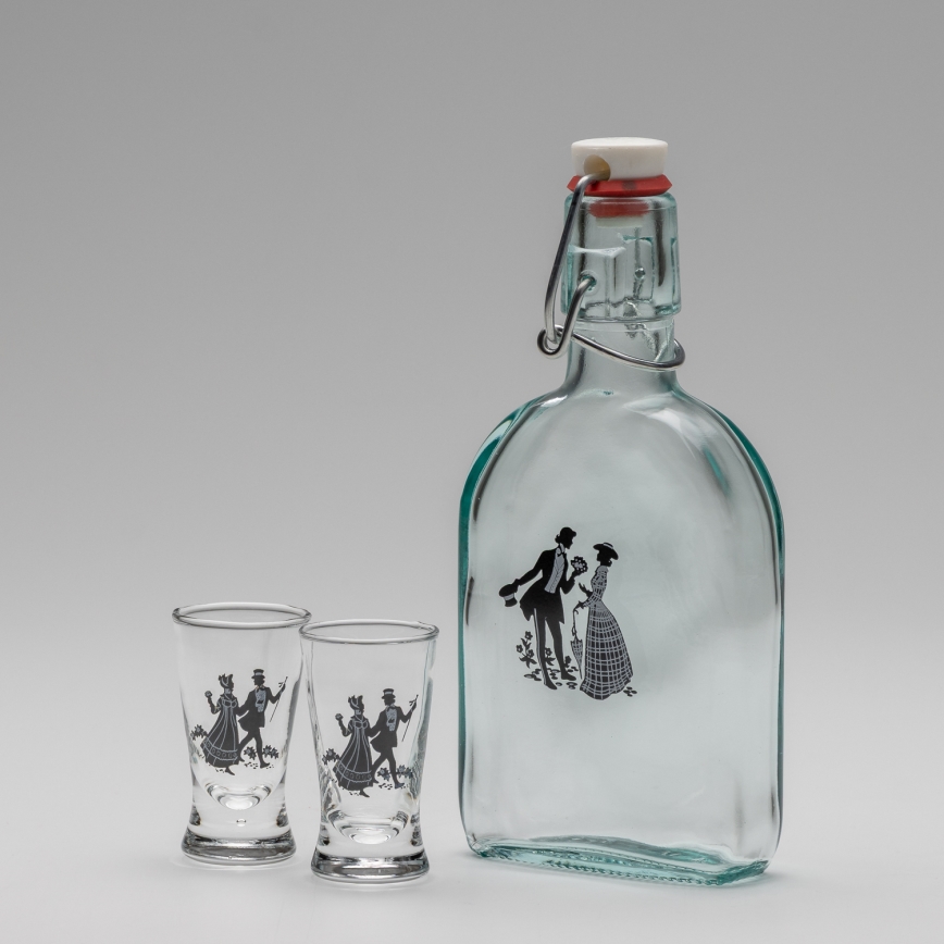 Lot 1x bouteille en verre et 2x verres pour shots transparents avec un motif de danse