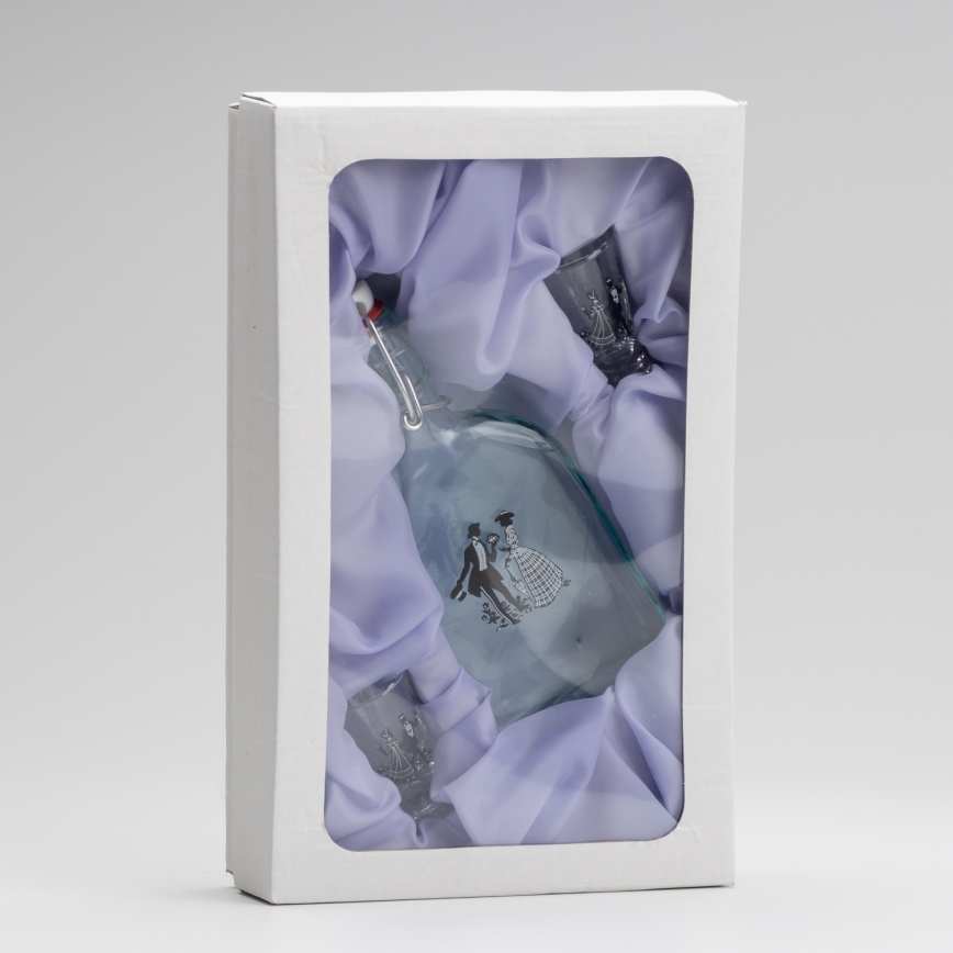 Lot 1x bouteille en verre et 2x verres pour shots transparents avec un motif de danse