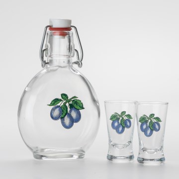 Lot 1x bouteille en verre et 2x verres pour shots transparents avec un motif de prune