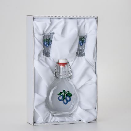 Lot 1x bouteille en verre et 2x verres pour shots transparents avec un motif de prune
