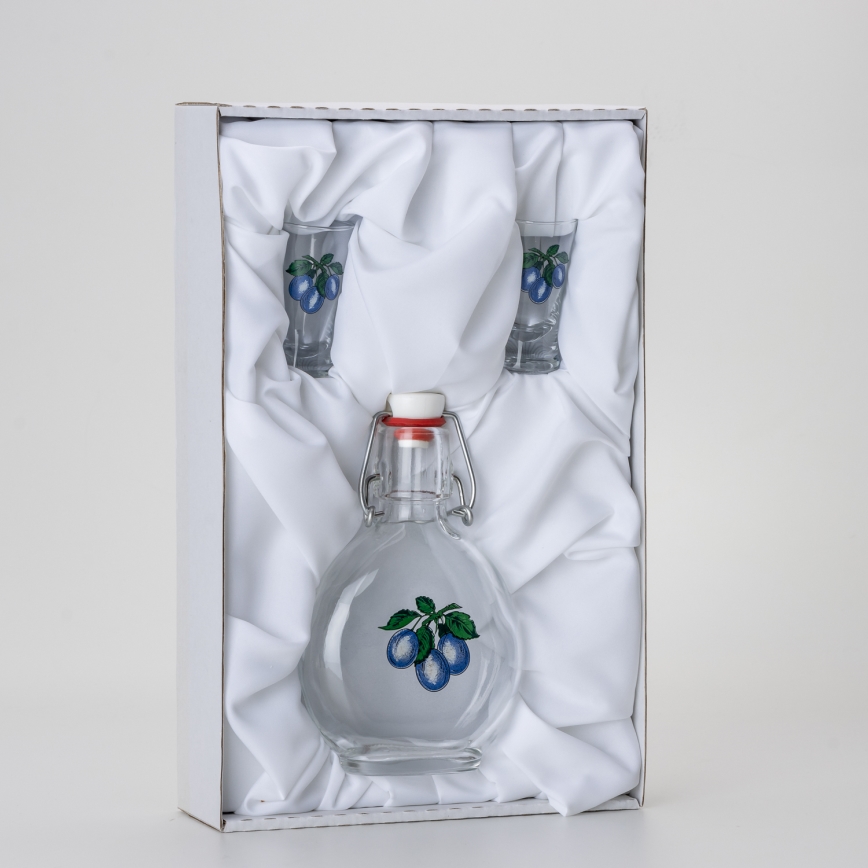 Lot 1x bouteille en verre et 2x verres pour shots transparents avec un motif de prune