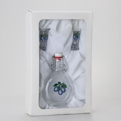 Lot 1x bouteille en verre et 2x verres pour shots transparents avec un motif de prune