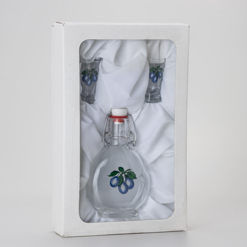 Lot 1x bouteille en verre et 2x verres pour shots transparents avec un motif de prune