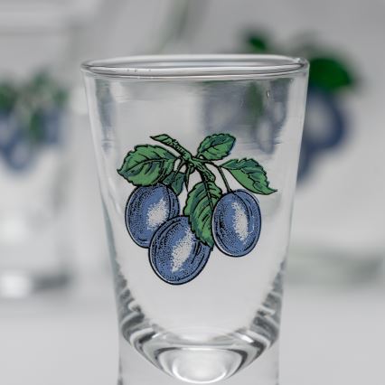 LOT 1x grande bouteille + 2x verre à shots transparent avec motif prune