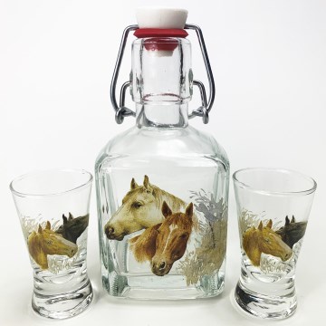 lot 1x verre bouteille et 2x verre à shot transparent avec motif de cheval