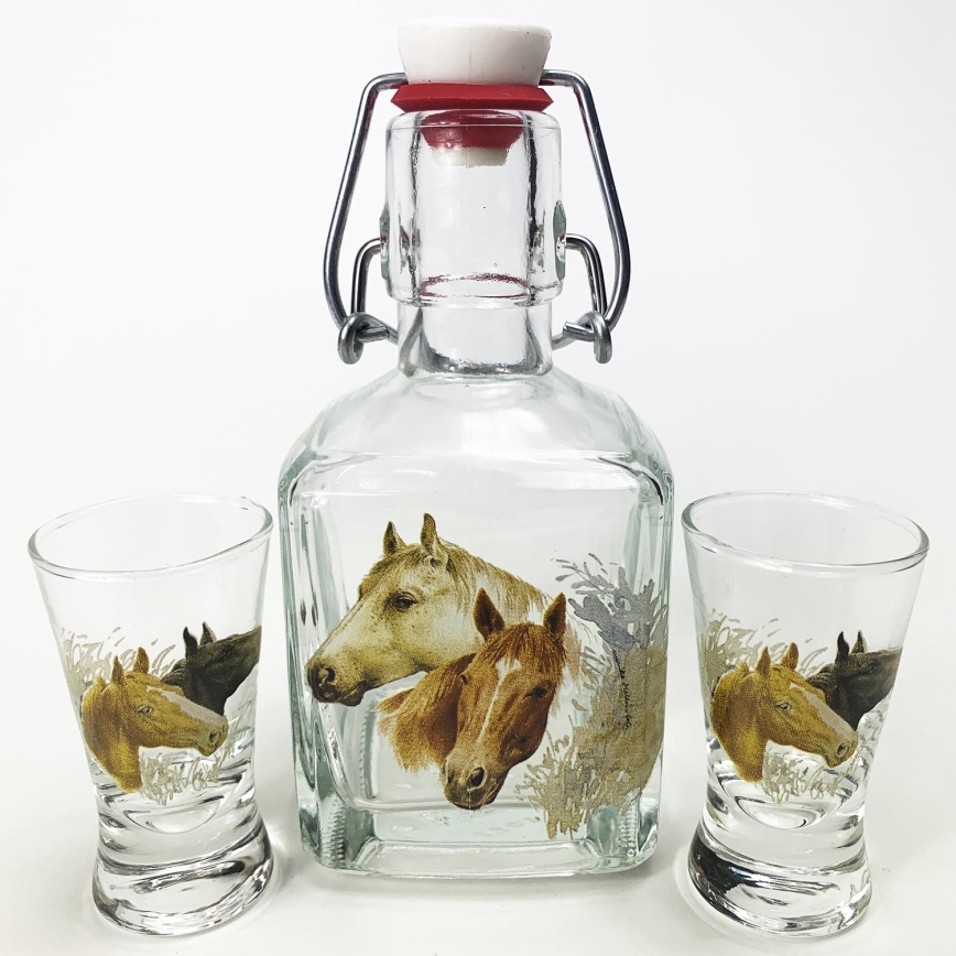 lot 1x verre bouteille et 2x verre à shot transparent avec motif de cheval