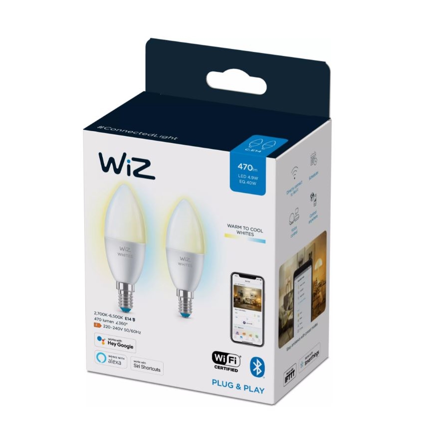 LOT 2x Ampoule à intensité variable LED C37 E14/4,9W/230V 2700-6500K CRI 90 Wi-Fi - WiZ