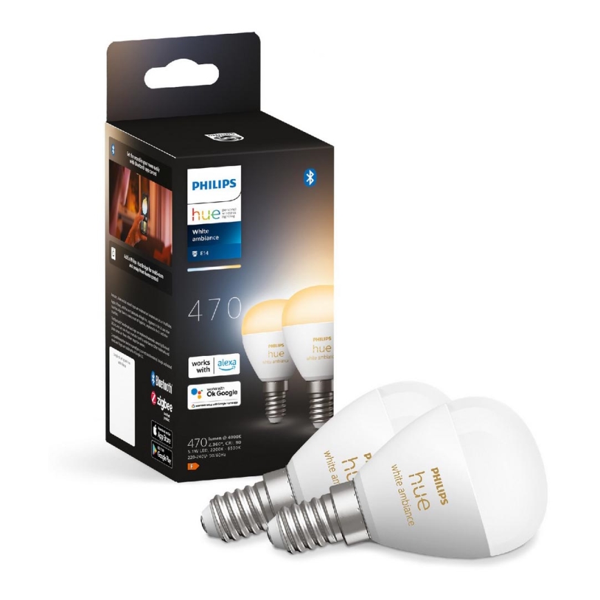 LOT 2x Ampoule à intensité variable LED Philips Hue WHITE AMBIANCE P45  E14/5,1W/230V