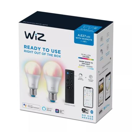 LOT 2x Ampoule à intensité variable LED RGBW A60 E27/8,5W/230V 2200-6500K Wi-Fi + télécommande - WiZ