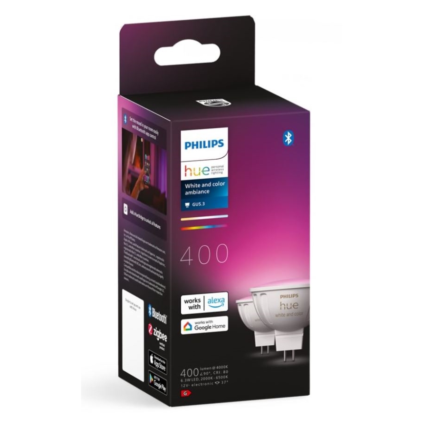 LOT 2x Ampoule à intensité variable LED RGBW Philips Hue White And Color Ambiance GU5,3/MR16/6,3W/12V 2000-6500K