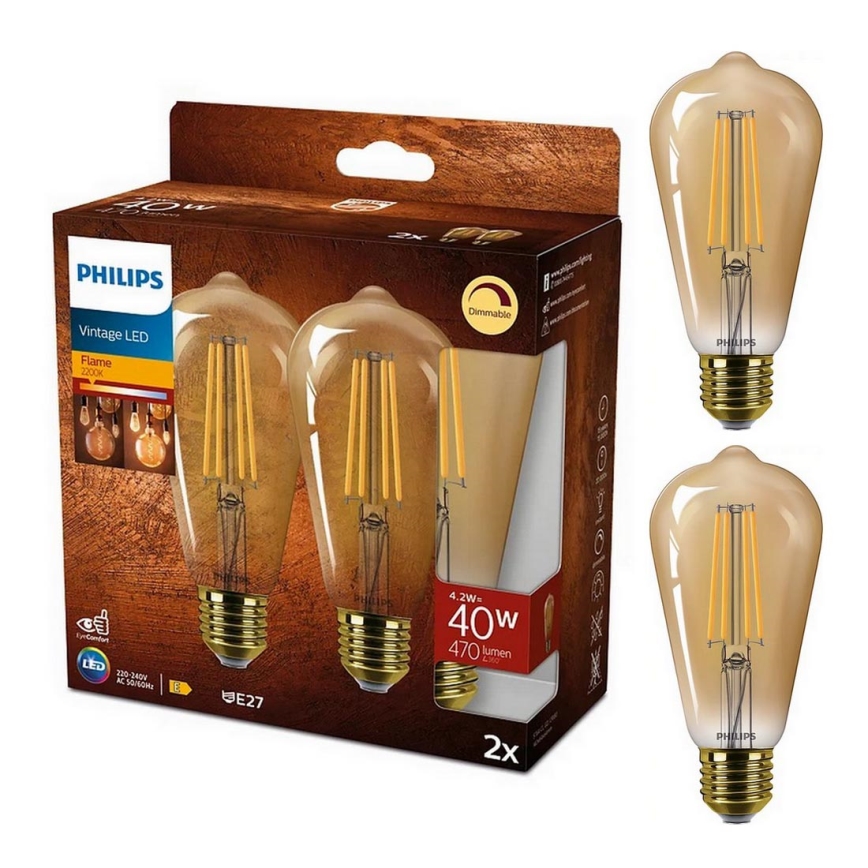 LOT 2x Ampoule à intensité variable LED VINTAGE Philips ST64 E27/4,2W/230V 2200K