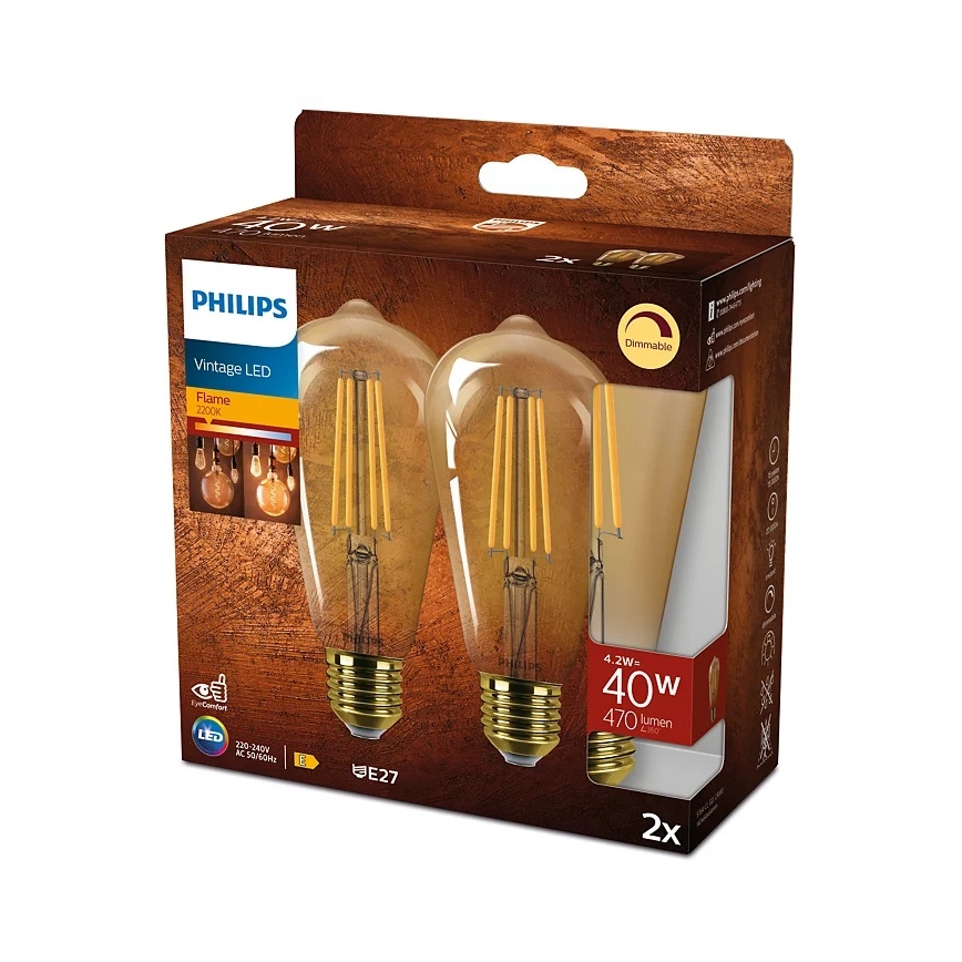 LOT 2x Ampoule à intensité variable LED VINTAGE Philips ST64 E27/4,2W/230V 2200K