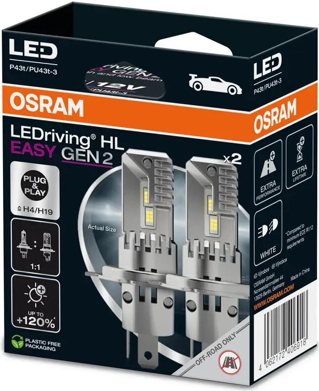 LOT 2x Ampoule LED pour voiture LEDriving H4/H19 P43t/PU43T-3/25W/12V 6500K - Osram