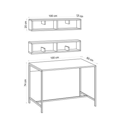 LOT 2x Etagère murale PENNY 20x100 cm + bureau 74x100 cm marron/noir