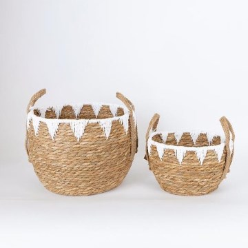 LOT 2x Panier en paille beige/blanc 32x16,5x18/24x23,5x26 cm