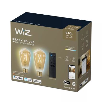 LOT 2x Ampoule à intensité variable LED ST64 E27/7W/230V 2000-5000K CRI 90 Wi-Fi + télécommande - WiZ