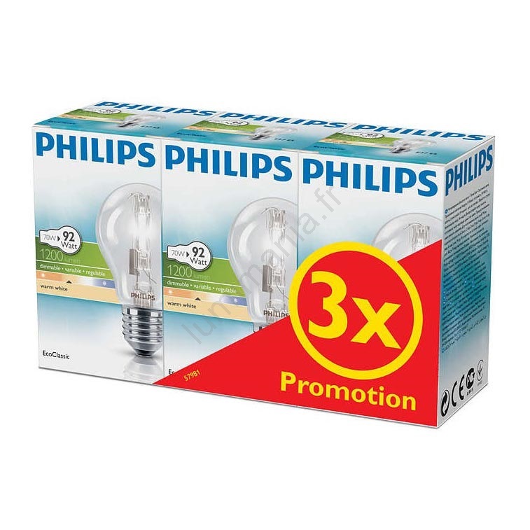 LOT 3x Ampoule halogène à intensité variable Philips E27/70W/230V Lumimania