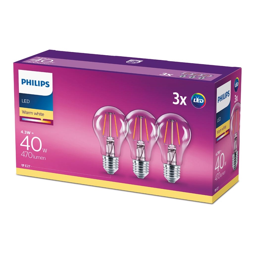 LOT 3x Ampoule LED VINTAGE Philips E27/4,3W/230V 2700K