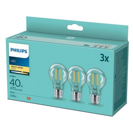 LOT 3x LED Ampoule VINTAGE Philips E27/4,3W/230V 2700K