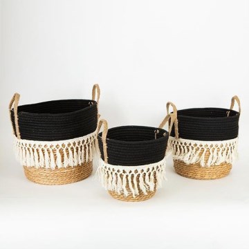 LOT 3x Panier en paille beige/noir/blanc 25x17x23/28x22x25/35x28x30 cm