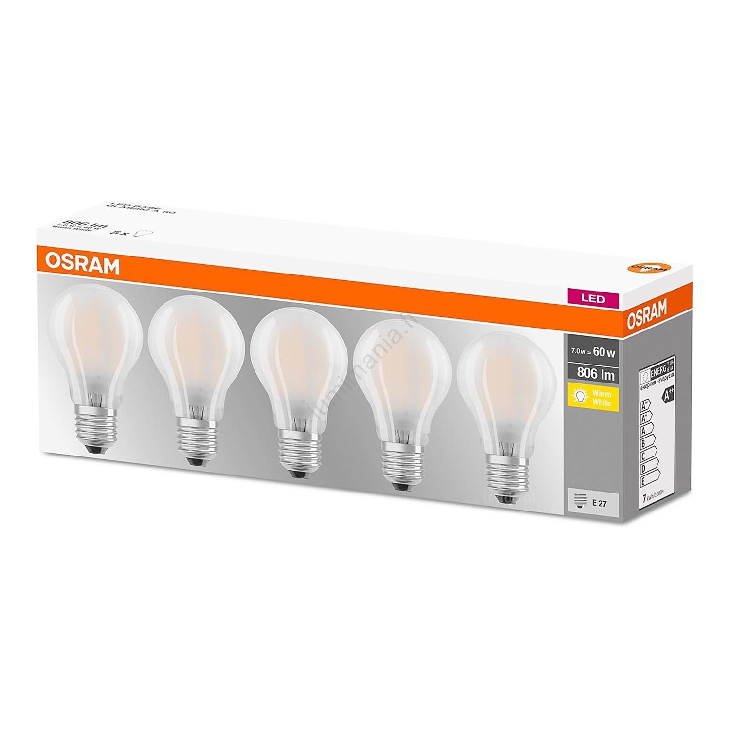 Lot De 5 Ampoules LED OSRAM 7W (équivalent 60W) E27 2700K - Blanc Chaud, 806 Lumens - Neuf
