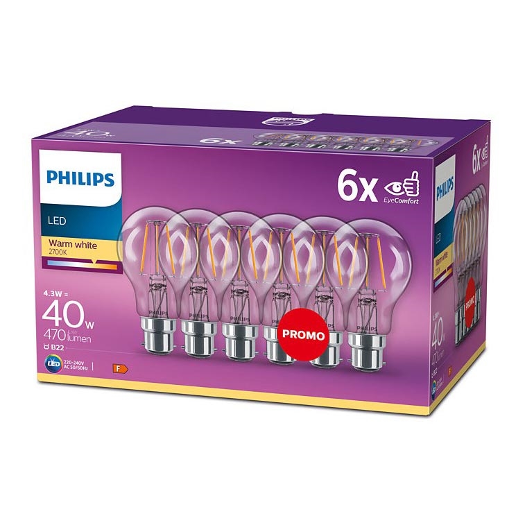 LOT 6x Ampoules LED Philips VINTAGE A60 B22/4,3W/230V 2700K