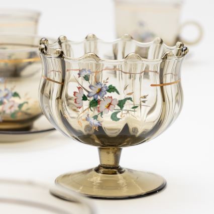 Lot 6x tasse en verre avec une soucoupe et 1x sucrier fumé bouquet no. 4